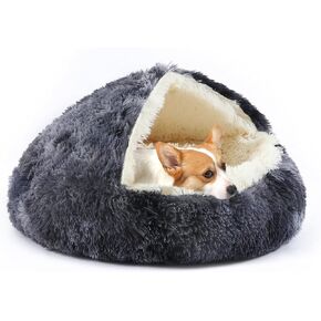 Dog Bed Round Hooded Plush Cat Cave Self Warming Pet Bed Donut Anti Anxiety Fluffy Pet Bed for Puppy and Kitty