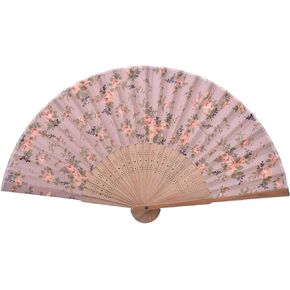 Hand Fan Bamboo Pink Flower Printed Folding Fan Cotton for Party Wedding Gift