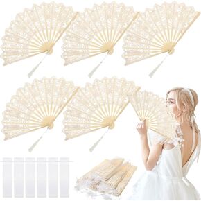 6 Pcs Cotton Lace Folding Handheld Fan Embroidered Bridal Hand Fan with Bamboo Staves and Silk Tassels Vintage Retro Fan for Women Wedding Party Favor Costume Dancing Party (Black)