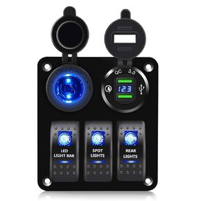 FXC 3 Gang Rocker Switch Aluminum Panel with Dual USB Port Charger Socket & Cigarette Lighter Socket Blue LED Light Waterproof On Off Toggle Switch for 12V/24V DC Marine Boat Truck Car ATVs