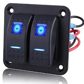 Rocker Switch Panel Aluminum Waterproof 12V/24V Toggle Switch Panel, On-Off Car Boat Switch, Pre-Wired Switch Panel for Marine Boat Automotive Car RV Truck Vehicles Blue Light (2 Gang)