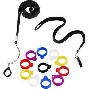 Shappy 2 Anti-Lost Necklace Lanyard with 12 Pieces Anti-Lost Silicone Rubber Ring Pen Silicone Lanyard Holder (Black)