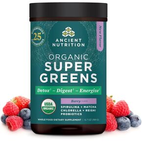 Ancient Nutrition SuperGreens Powder with Probiotics, Organic Berry Flavor Greens, Made from Real Fruits, Vegetables and Herbs, Digestive and Energy Support, 12 Servings, 3.2oz