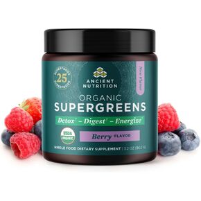 مسحوق Green Greens من Ancient Nutrition مع البروبيوتيك، مصنوع من الفواكه الحقيقية والخضروات والأعشاب، ودعم الجهاز الهضمي والطاقة (25 حصة، مانجو)