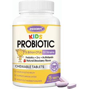 Kids Probiotic Chewables for Digestive Health with 5 Billion CFUs, Prebiotics and Probiotics for Kids for Gut Health, Immune Support, Nutrient Absorb, Vitamin C, Zinc, 75 Servings, Strawberry Flavor