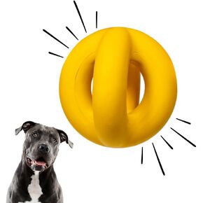 Indestructible Ring Ball - Lifetime Replacement - Strong, Tough, Aggressive Chewers, Medium Large Breed - Non-Toxic Natural Rubber Dog Toys - Yellow - Tug & Fetch - 8x1.75