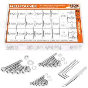 1500 Pieces M2 M3 M4, 304 Stainless Steel Phillips Pan Head Machine Screws Bolts Washers Nuts Hardware Assortment Kit
