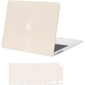 MOSISO Compatible with MacBook Air 13 inch Case 2025 2024 2023 2022 M3 A3113 M2 A2681, Anti-Fingerprint Square Grid PU Leather Coated Hard Shell&Keyboard Cover for MacBook Air 13.6 inch Case, Beige