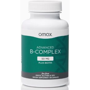 Omax3 Advanced Vitamin B Complex 50MG with Biotin | Strong & Shiny Hair, Skin Nails, Support Stress, Immunity, Energy Metabolism, 90 Capsules