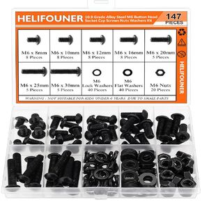 380 Pieces M4 x 5mm /6mm /8mm /10mm /12mm /16mm /20mm, Button Head Socket Cap Screws Bolts Washers Nuts Kit, 10.9 Grade Alloy Steel, Full Threaded, Black