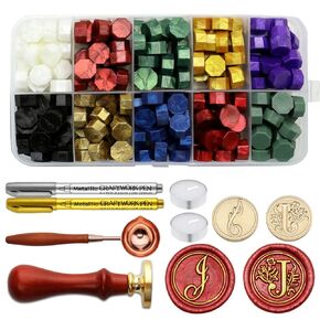 Letter Wax Seal Stamp Kit, Andotopee Wax Seal Kit Initial Alphabet M Sealing Wax Stamp Head 2pcs, Vintage Monogram Wax Stamp Seal Kit with 200pcs Assorted Wax Seal Beads, Wax Seal Spoon, Wax Seal Pen