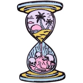 Hourglass Pink Sand Beach Sunset Skulls Time Dusk Dawn Palm Trees Sea Bones Skeleton 1.5" Enamel Pin Badge