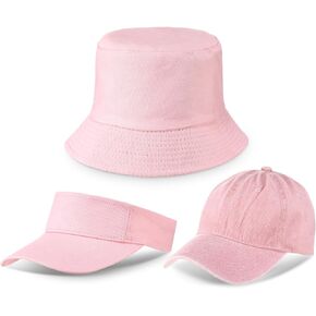 3 Pcs Pink Summer Hat Include Adjustable Sun Visor Hats Washed Cotton Baseball Cap Bucket Hat for Women Beach