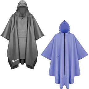 PTEROMY Hooded Rain Poncho with Pocket(Grey)+Hooded Rain Poncho with Pocket and Zipper(Purple)