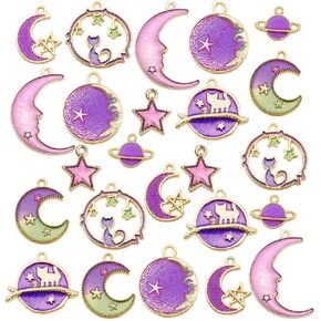 24 Pcs Assorted Gold Plated Enamel Cat Moon Star Celestial Charm Pendant DIY for Earrings Necklace Bracelet Jewelry Making and Crafting (M582-Purple)