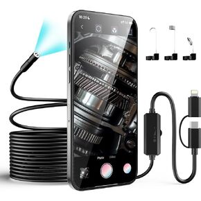 Borescope, Endoscope Camera with Light for iPhone/Android, 3.0MP 1920P HD Snake Camera, IP67 Waterproof, 16.5FT Sewer Pipe Inspection Camera with Hook/Magnet/Mirror, Take Photos & Videos in Kuwait