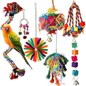 7 Pieces Bird Chewing Toys, Bird Toys for Parakeets, Colorful Wood Parrot Foraging Shredder Toy Swing Hanging for Cockatiels, Budgerigar, Conures, Finches