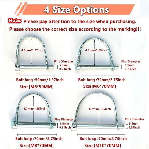 Safety Coupler Pin Trailer Pin Shaft Locking Pin Wire Lock Pin Zinc Plated Carbon Steel Arch Shapes- 4 Size (M10*70mm, 2) in Kuwait