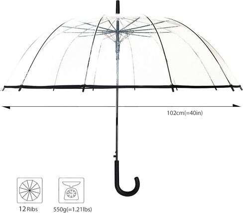 SMARTBULLE Large Clear Stick Umbrella - Wind Resistant; 12 ribs; Diameter=40 inch; Automatic opening; Umbrella woman; ideal marriage; WHITE border color; Weeding’s umbrella in Kuwait