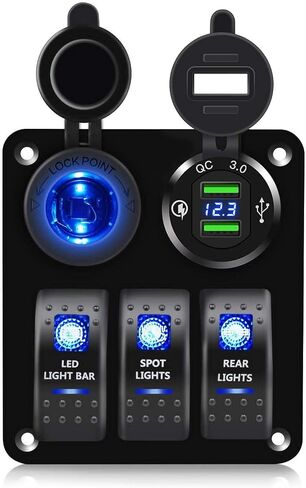 FXC 3 Gang Rocker Switch Aluminum Panel with Dual USB Port Charger Socket & Cigarette Lighter Socket Blue LED Light Waterproof On Off Toggle Switch for 12V/24V DC Marine Boat Truck Car ATVs in Saudi Arabia