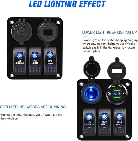 FXC 3 Gang Rocker Switch Aluminum Panel with Dual USB Port Charger Socket & Cigarette Lighter Socket Blue LED Light Waterproof On Off Toggle Switch for 12V/24V DC Marine Boat Truck Car ATVs in Saudi Arabia