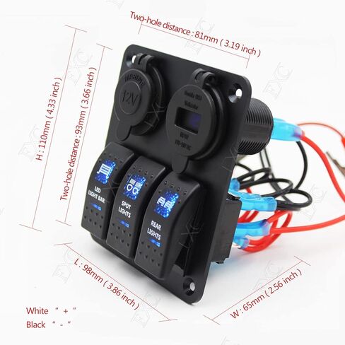 FXC 3 Gang Rocker Switch Aluminum Panel with Dual USB Port Charger Socket & Cigarette Lighter Socket Blue LED Light Waterproof On Off Toggle Switch for 12V/24V DC Marine Boat Truck Car ATVs in Saudi Arabia