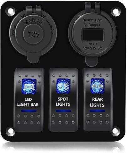 FXC 3 Gang Rocker Switch Aluminum Panel with Dual USB Port Charger Socket & Cigarette Lighter Socket Blue LED Light Waterproof On Off Toggle Switch for 12V/24V DC Marine Boat Truck Car ATVs in Saudi Arabia