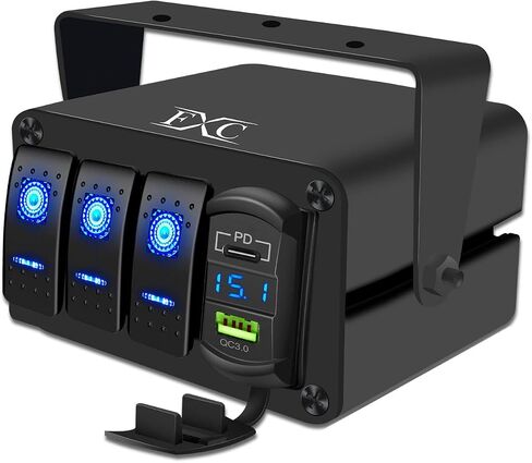 لوحة مفاتيح هزازة من الألومنيوم FXC 3 Gang بإضاءة خلفية زرقاء مع PD نوع C وQC 3.0 شاحن USB الفولتميتر مقاوم للماء 12 فولت 24 فولت تيار مستمر صندوق مفتاح هزاز للسيارات والشاحنات والقوارب RVs in Kuwait
