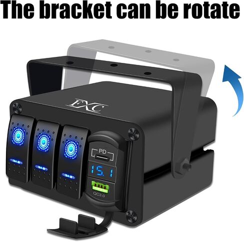 لوحة مفاتيح هزازة من الألومنيوم FXC 3 Gang بإضاءة خلفية زرقاء مع PD نوع C وQC 3.0 شاحن USB الفولتميتر مقاوم للماء 12 فولت 24 فولت تيار مستمر صندوق مفتاح هزاز للسيارات والشاحنات والقوارب RVs in Kuwait