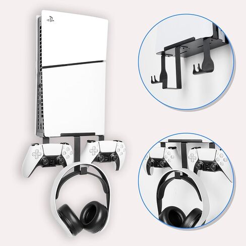 حامل حائط nymus لجهاز PS5 Slim 2023 (القرص والإصدار الرقمي)، حامل حائط لجهاز Playstation 5 Slim مع حامل وحدة تحكم قابل للفصل وشماعة سماعة الرأس، حامل حائط Stealth PS5 Slim in Kuwait