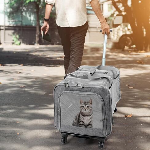 مجموعتان من حاملة القطط الكبيرة المتدحرجة مع عجلات، حاملة قطط مزدوجة المقصورة، حاملة حيوانات أليفة بعجلات قابلة للتوسيع لحيوانين أليفين، قابلة للطي، حاملة قطط مزدوجة للسفر والمشي لمسافات طويلة والتخييم، رمادي in Saudi Arabia