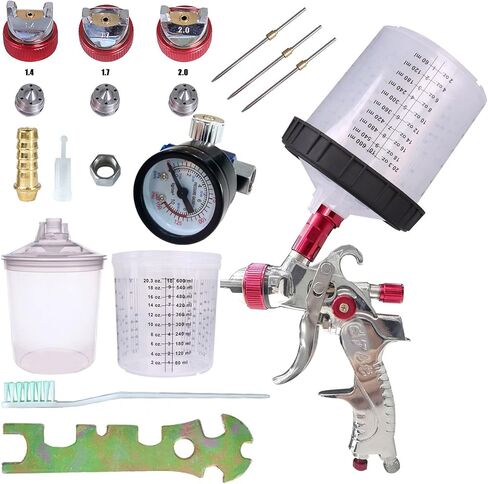 HVLP Spray Gun Set, Newest Automotive Spray Paint Gun with Pressure gauge, 3 Nozzles 1.4/1.7/2mm Nozzle and 600cc Cups, Clear Spray Cup with Scale for Car Primer, Furniture Surface Spraying in Saudi Arabia