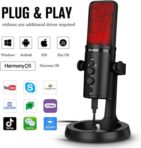 ميكروفون بمكثف USB للتسجيل والبث والبث والألعاب. ميكروفون USB/USB-c احترافي للكمبيوتر والكمبيوتر المحمول والهاتف وأجهزة Mac، التوصيل والتشغيل، وضع Cardoid وثنائي الاتجاه. in Kuwait