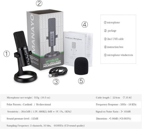 ميكروفون بمكثف USB للتسجيل والبث والبث والألعاب. ميكروفون USB/USB-c احترافي للكمبيوتر والكمبيوتر المحمول والهاتف وأجهزة Mac، التوصيل والتشغيل، وضع Cardoid وثنائي الاتجاه. in Kuwait