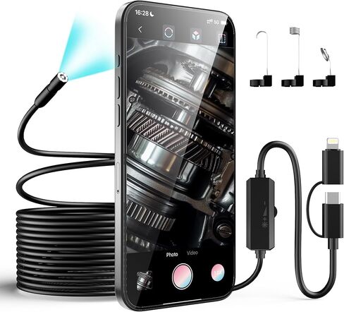 Borescope, Endoscope Camera with Light for iPhone/Android, 3.0MP 1920P HD Snake Camera, IP67 Waterproof, 16.5FT Sewer Pipe Inspection Camera with Hook/Magnet/Mirror, Take Photos & Videos in Kuwait