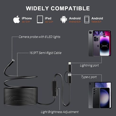 Borescope, Endoscope Camera with Light for iPhone/Android, 3.0MP 1920P HD Snake Camera, IP67 Waterproof, 16.5FT Sewer Pipe Inspection Camera with Hook/Magnet/Mirror, Take Photos & Videos in Kuwait
