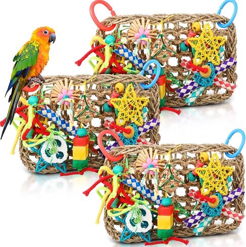 Poen 3 Pcs 7.1'' x 11'' Bird Foraging Wall Toy Parrot Foraging Shredding Seagrass Wall with Chewing Colorful Toys Seagrass Woven Climbing Hammock Mat for Cockatiel Finch Macaws Medium Birds in Saudi Arabia
