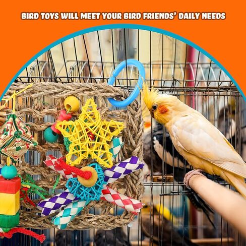 Poen 3 Pcs 7.1'' x 11'' Bird Foraging Wall Toy Parrot Foraging Shredding Seagrass Wall with Chewing Colorful Toys Seagrass Woven Climbing Hammock Mat for Cockatiel Finch Macaws Medium Birds in Saudi Arabia