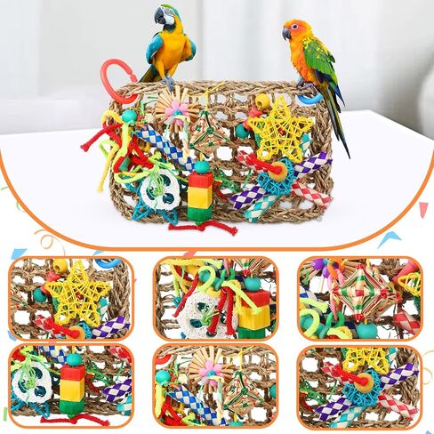 Poen 3 Pcs 7.1'' x 11'' Bird Foraging Wall Toy Parrot Foraging Shredding Seagrass Wall with Chewing Colorful Toys Seagrass Woven Climbing Hammock Mat for Cockatiel Finch Macaws Medium Birds in Saudi Arabia