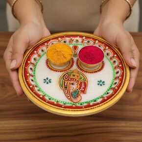 LOVENSPIRE Indian White Marble Pooja Thali Set Ganesha Haldi Kumkum Holder Pooja Return Gift Indian Housewarming Roli Chawal Platter Hindu Mandir Pooja Decor in Kuwait