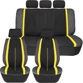 We Are Young Life is Fun™ Checker Car Seat Covers Universal Fit Interior Accessories Full Set Yellow Seat Cover Combo Steering Wheel Cover and Seat Belt Pads, Airbag and Split Rear Car Seat Covers in Saudi Arabia