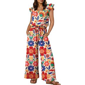 Dokotoo Jumpsuits for Women 2025 Summer Ruffle Sleeves Square Neck Rompers Drawstring Overalls with Pockets in Saudi Arabia
