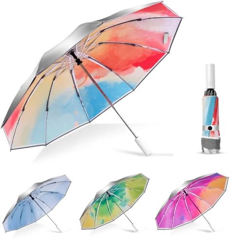 UPF 50+ Sun Umbrella UV Protection, UV Blocking Umbrella with Silver Cooling Coating, Travel Umbrella Compact Portable, Large Inverted Windproof Colourful Rain Umbrella in Saudi Arabia