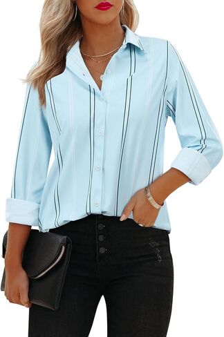 siliteelon Womens Cotton Button Down Shirts Striped Dress Shirts Pinstripes Long Sleeve Collared Blouses Colorblock Tops in Saudi Arabia