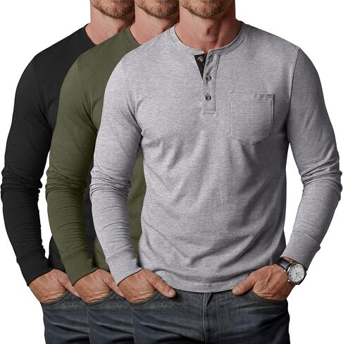 Riyiper 3 Pack Men's Long Sleeve Henley Shirts with Pocket Slim Fit Round Neck Casual Tops with Button Basic Tee in Kuwait