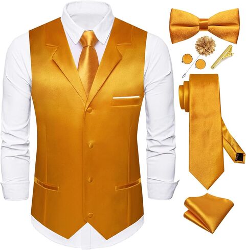Dubulle Mens Satin Vest and Tie Solid Suit Waistcoat and Pre-tied Bowtie Set for Men Lapel Pin Wedding Party in Saudi Arabia