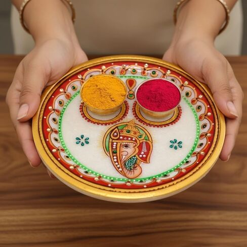 Lovenspire الهندي الرخام الأبيض Pooja thali مجموعة غانيشا هالدي كومكوم هولدر بوجا عودة هدية الهندي هوومينغ رولي تشالوتر هيندو ماندير بوجا ديكور in Kuwait