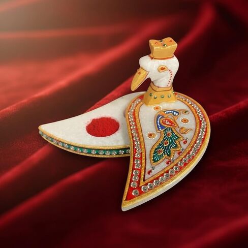 LOVENSPIRE Indian White Marble Pooja Thali Set Ganesha Haldi Kumkum Holder Pooja Return Gift Indian Housewarming Roli Chawal Platter Hindu Mandir Pooja Decor in Saudi Arabia