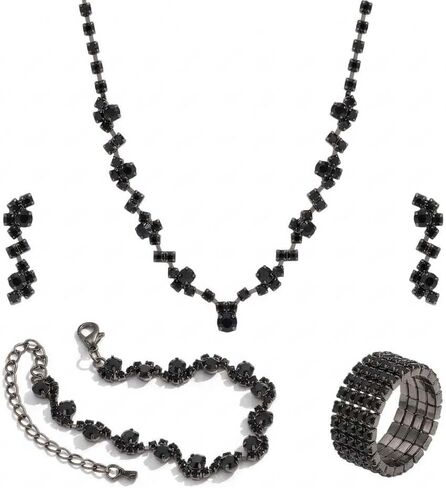 Wedding Jewelry Sets for Brides Rhinestone Necklace and Earring Set Bracelet Ring Gold Silver Prom Jewelry Sets Diamond Flower Teardrop Necklace for Women in Saudi Arabia