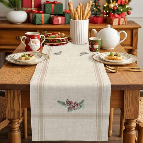 Table Runners 36 inches Long, Christmas Pine Cones Vintage French Stripes Linen Table Runner Farmhouse Dresser Scarves,Decortaive Table Runner Cover for Dining Coffee Table Holiday Party Wedding in Kuwait
